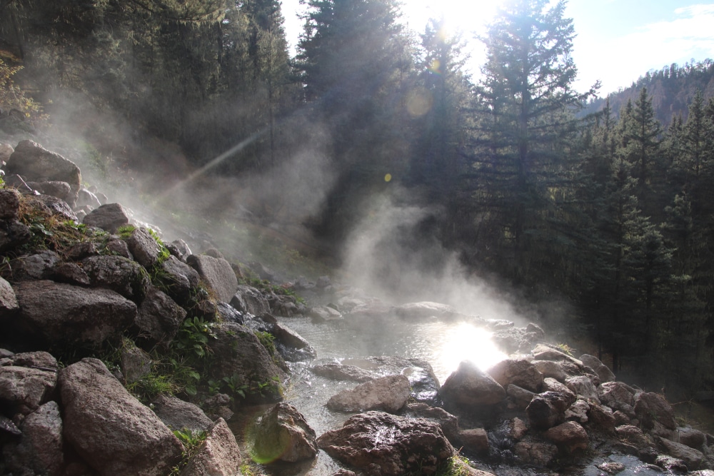 Steam coming off San Antonio Hot Springs, one of the best outodoor New Mexico Hot SPrings after Jemez Hot Springs