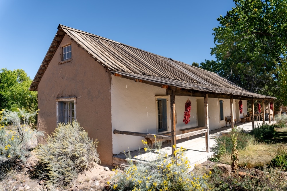 A historic building at El Rancho de Las Golondrinas in Santa Fe, New Mexico